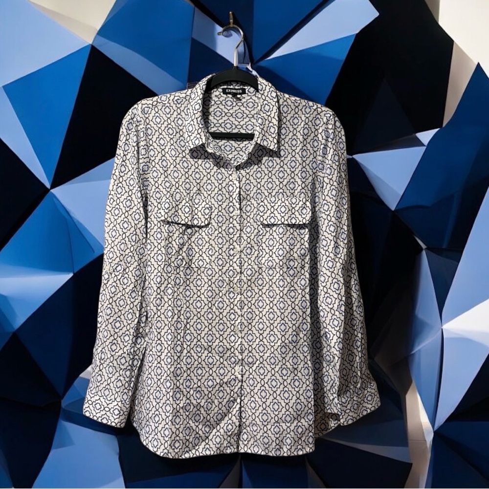 Express White Top with Black & Royal Blue Geometric Print